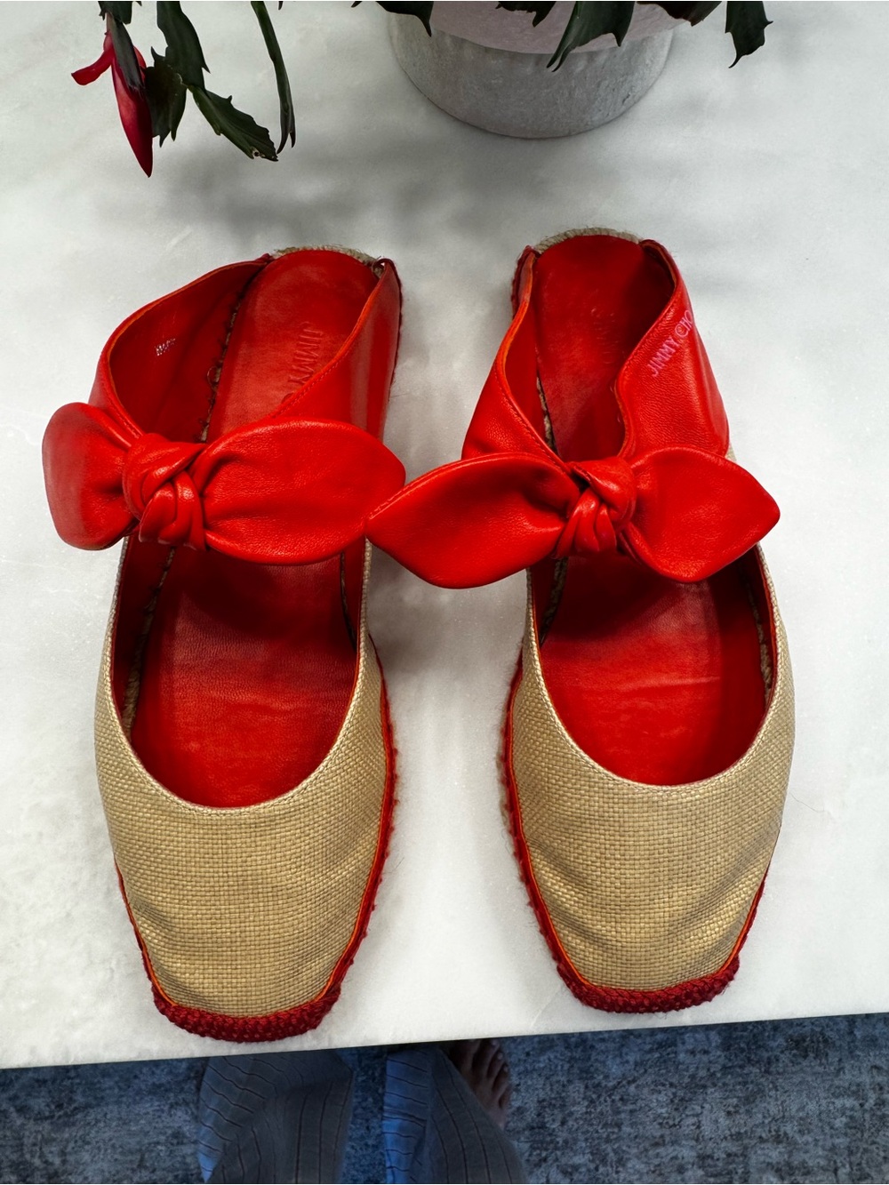 Jimmy Choo Red Bow Espadrille Mules with Natural Upper - Picture 2 of 7